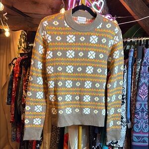 Brixton Brown and White Crewneck Sweater with Fair Isle Pattern